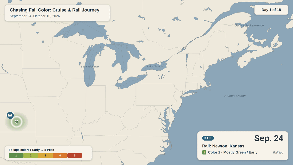 Animated map of the September 26 to October 10, 2026 cruise and rail journey; foliage advances from green to peak color in Atlantic Canada and Québec, then back toward early color in Kansas.
